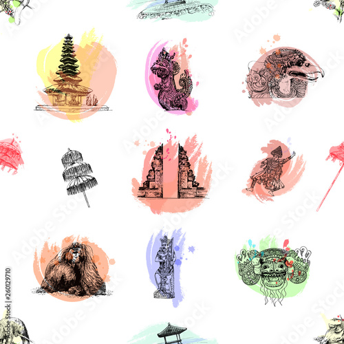 Seamless pattern of hand drawn sketch style Bali themed objects isolated on white background. Vector illustration.