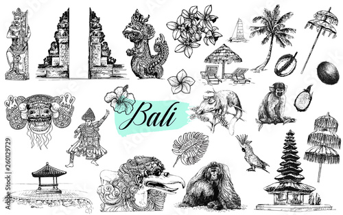 Set of hand drawn sketch style Bali themed objects isolated on white background. Vector illustration.