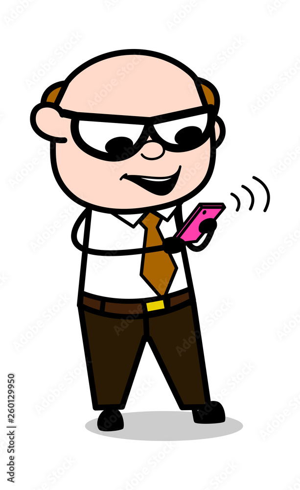 Chatting on Phone - Retro Cartoon Office old Boss Man Vector Illustration