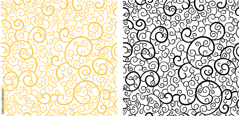 Curl seamless patterns. Swirl gold and black backgrounds. Hand drawn ...