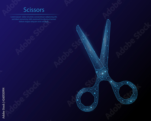 Abstract image scissors in  the form of a starry sky or space, consisting of points, lines, and shapes in the form of planets, stars and the universe. Low poly vector background.