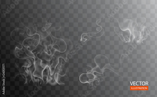 Hot steam over cup on dark or transparent background. White cigarette smoke wave. Set of fume on water, tea, food, coffee, ice. Vapor, mist, cloud, gas, fog vector illustration. Hazy fragrance on ice