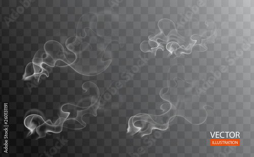 Hot steam over cup on dark or transparent background. White cigarette smoke wave. Set of fume on water, tea, food, coffee, ice. Vapor, mist, cloud, gas, fog vector illustration. Hazy fragrance on ice