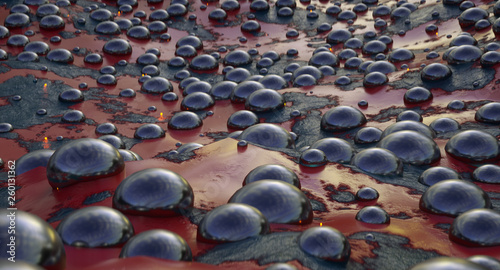 Abstract background of stones and bubbles in abstract red water. Abstract skin of reptiles. 3D Illustration.