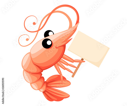Cute shrimp holding sign. Cartoon animal character design. Swimming crustaceans. Flat vector illustration isolated on white background