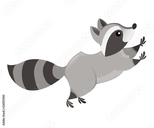 Cute cartoon raccoon jumping, side view. Cartoon animal character design. Flat vector illustration isolated on white background