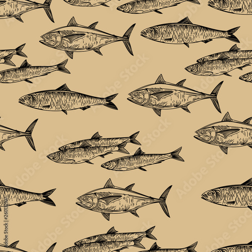 Seamless pattern of Tuna, Sardine and Sprats.