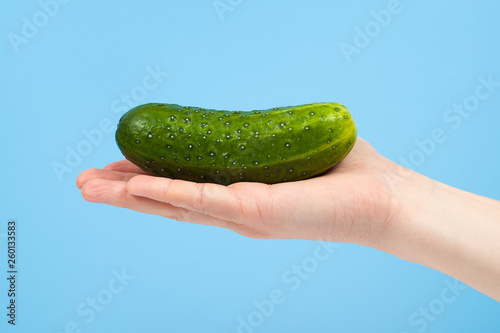 Hand holding organic delicious cucumber Isolated on red Background. Healthy eating and dieting concept