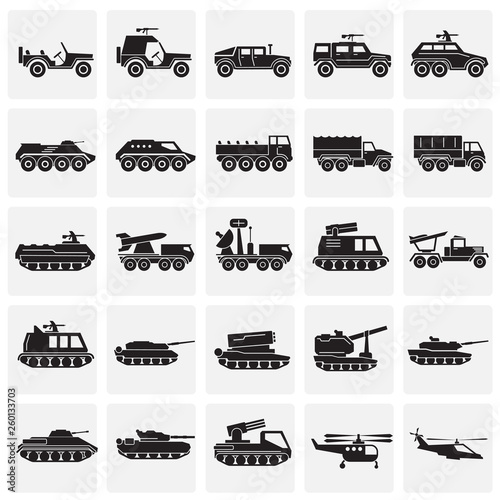 Military vehicles icons set on squares background for graphic and web design. Simple vector sign. Internet concept symbol for website button or mobile app.