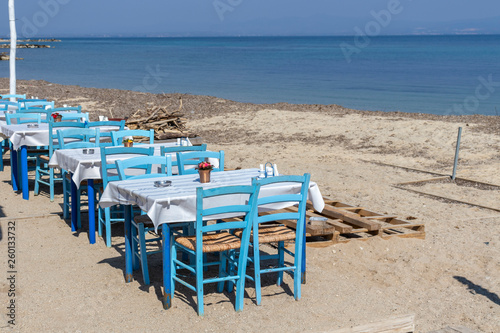 Typical Greek restaurant at the beach of Nea Fokea, Kassandra, Chalkidiki, Central Macedonia, Greece
