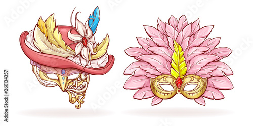 Womens magnificent golden masks and hat, decorated colorful feathers and precious stones cartoon vector isolated on white background. Venetian, Mardi Gras carnival, masquerade, costumed party dressing