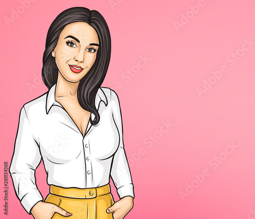 Half-length portrait of happy smiling, brunette woman in white shirt with long sleeves, standing with hands in pockets on pink background. Womens fashion ad banner, poster template with copyspace