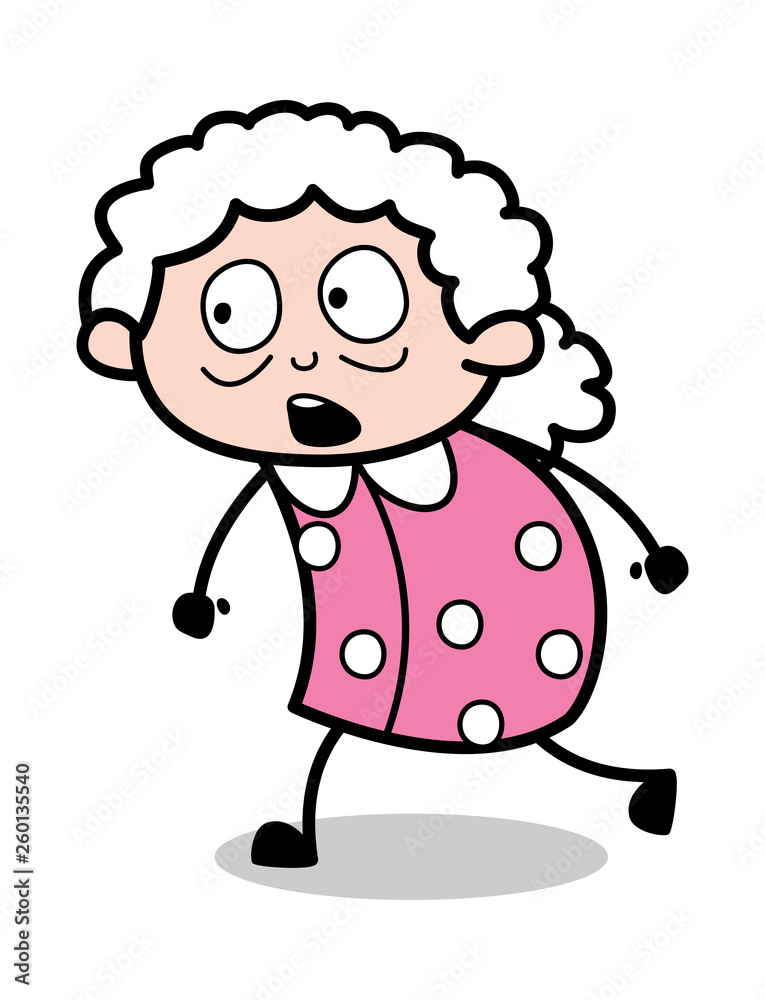 Scared and Walking - Old Cartoon Granny Vector Illustration