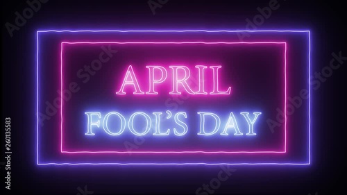 Animation flashing neon sign 'April Fool's Day', pink and blue