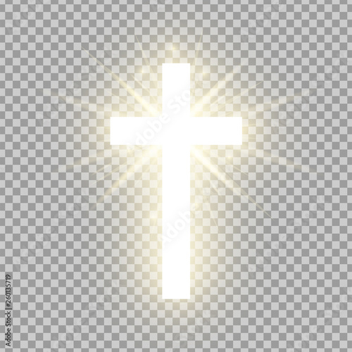 Shining gold cross isolated on transparent background. Riligious symbol. Glowing Saint cross. Easter and Christmas sign. Vector illustration