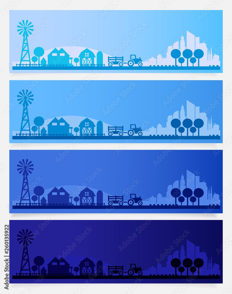 Trendy farm, village or small town skyline colored sets in different time of the day. Vector illustration