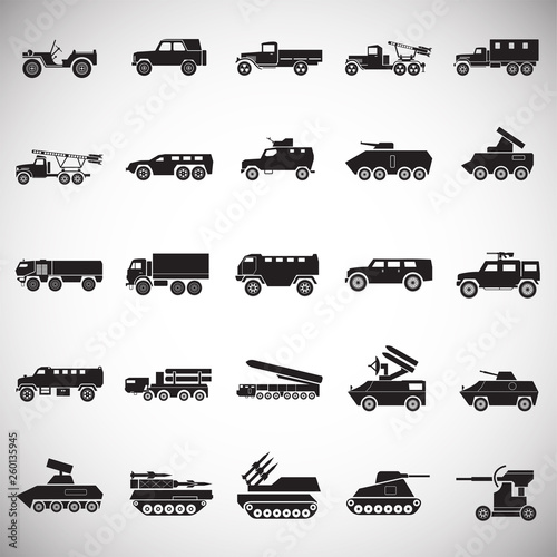 Military vehicles icons set on white background for graphic and web design. Simple vector sign. Internet concept symbol for website button or mobile app.