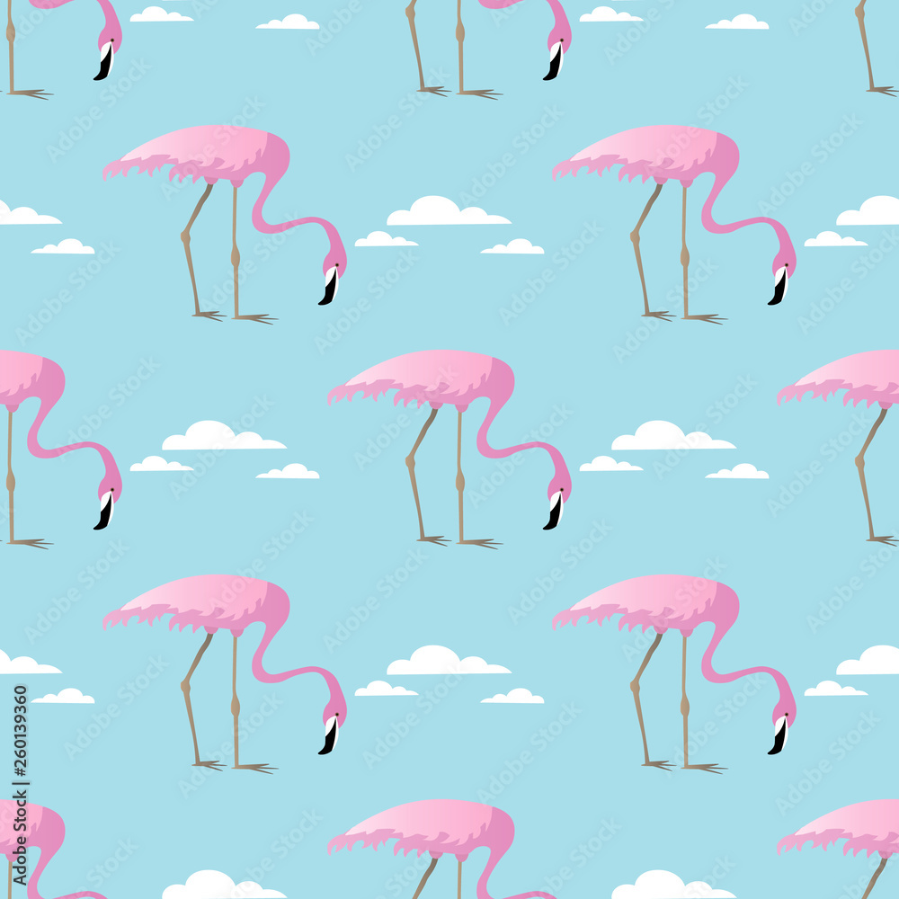 Obraz premium Abstract vector Seamless summer tropical pattern with flamingo and clouds