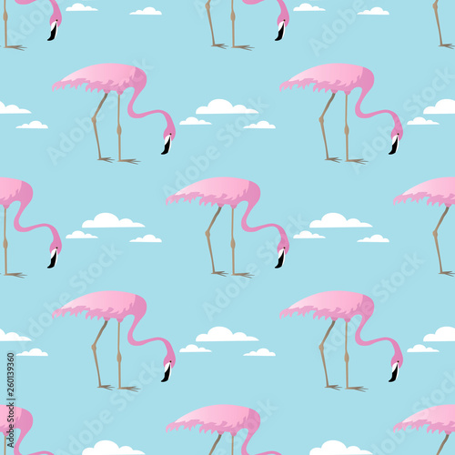 Abstract vector Seamless summer tropical pattern with flamingo and clouds © Aleksandra Chebyshev