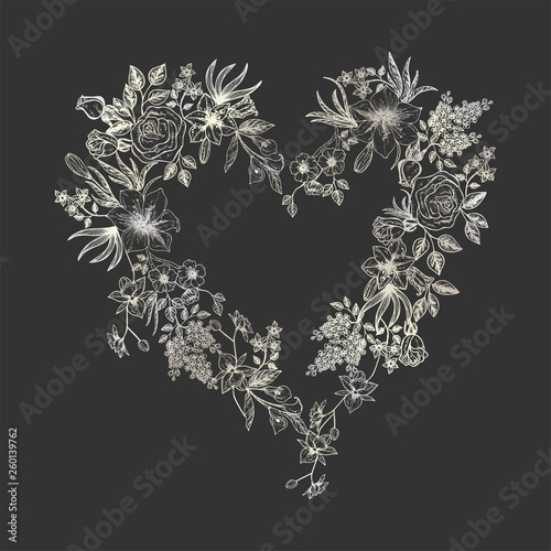 Beautiful heart with flowers. Vector illustration.