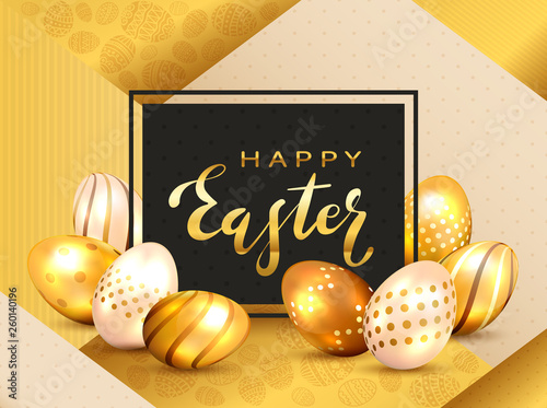 Golden Lettering Happy Easter on Black Card and Eggs on Gold Background
