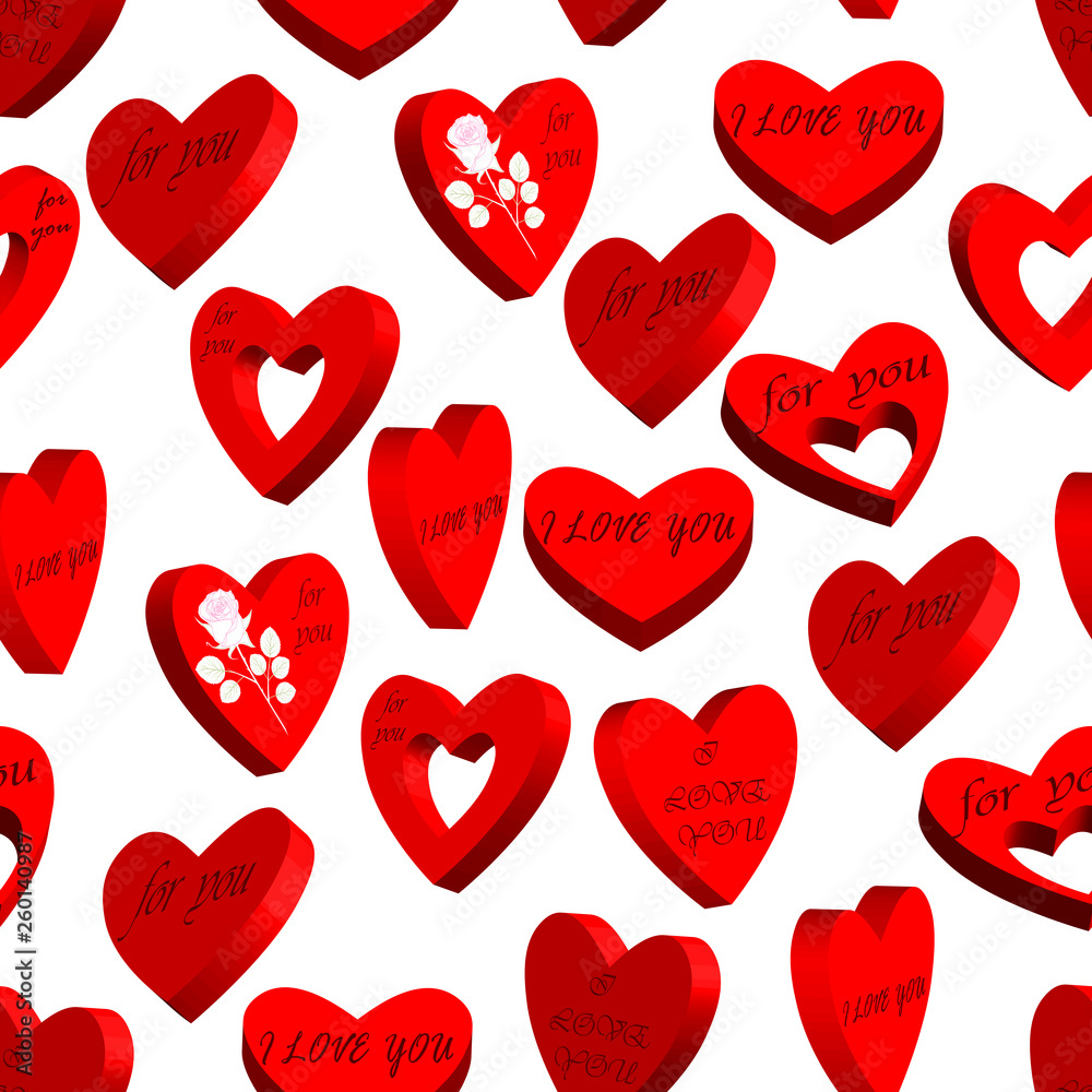Seamless  pattern with hearts 3d. Isolated on white background. Vector illustration.