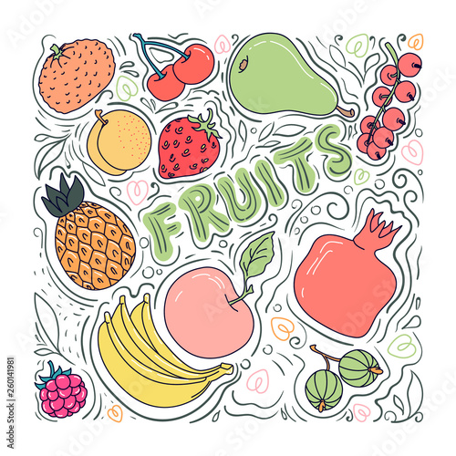 Fototapeta Naklejka Na Ścianę i Meble -  Pattern of colorful fruits and berries in the style of Doodle: Apple, pear, cherry, tangerine, apricot, strawberry, currant, pineapple, pomegranate, Apple, banana, raspberry, gooseberry