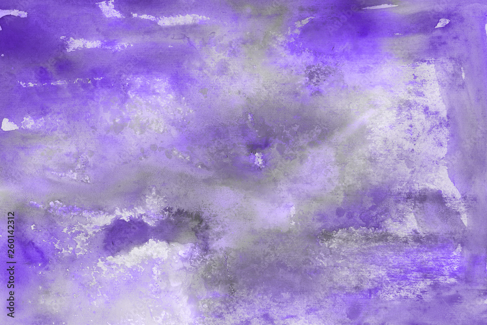 Violet watercolor abstract background with waves and strokes on white paper background. Trendy look. Chaotic abstract organic design.