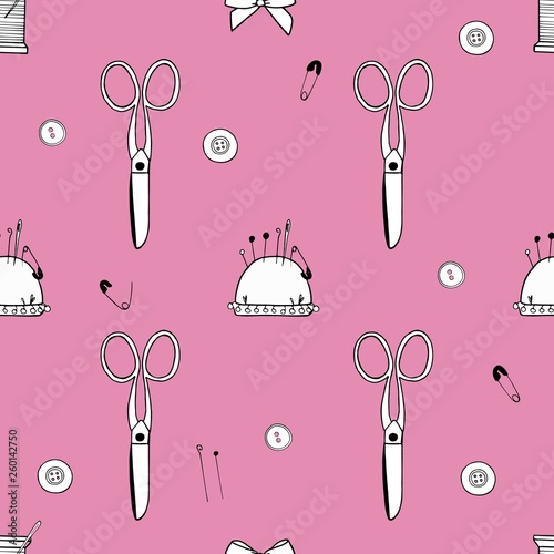 Pattern made of scissors, needles, pins, threads, mouline and pincushion