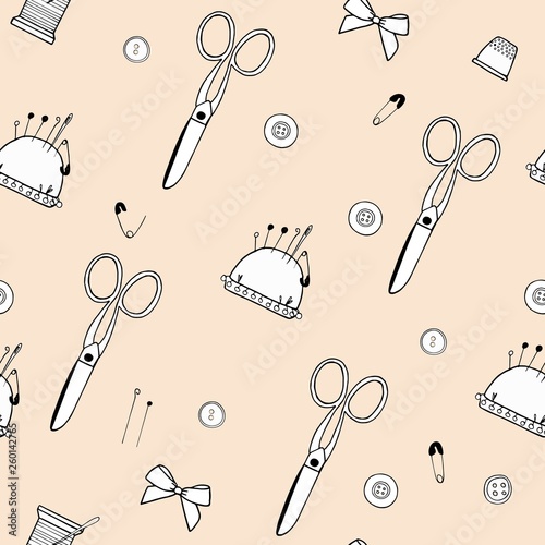 Pattern made of scissors, needles, pins, threads, mouline and pincushion
