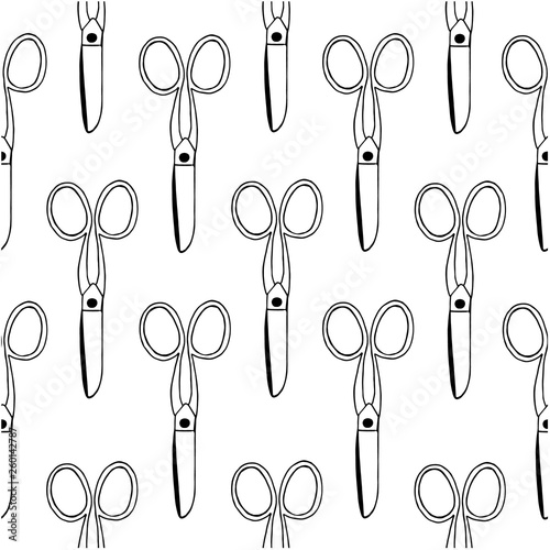 Pattern made of scissors, needles, pins, threads, mouline and pincushion