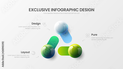 Business 3 option infographic presentation vector 3D colorful balls illustration. Corporate marketing analytics data report design layout. Company statistics information graphic visualization template