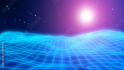 Vászonkép Retro 1980s synthwave glowing neon lights landscape
