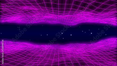 Photos Retro 1980s synthwave glowing neon lights landscape tunnel