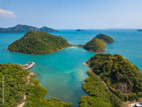 Aerial view to small Ko Ngam island on the south of Koh Chang island and Tantawan resort bungalows, Thailand © umike_foto