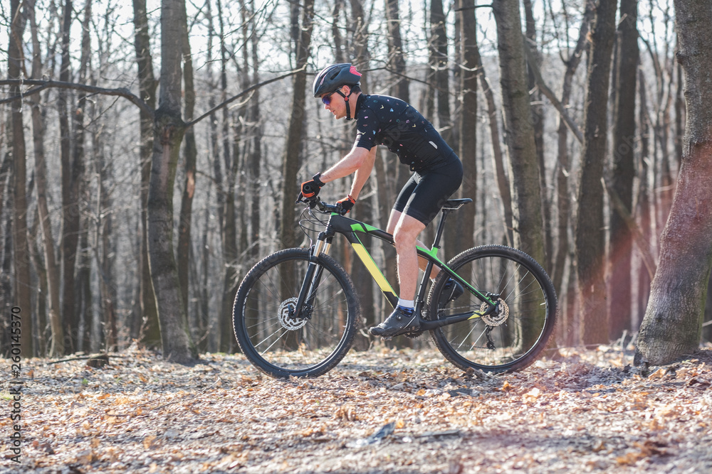 male athlete mountainbiker with bicycle along a forest trail. in forest mist male athlete mountainbiker with bicycle along a forest trail. in forest mist