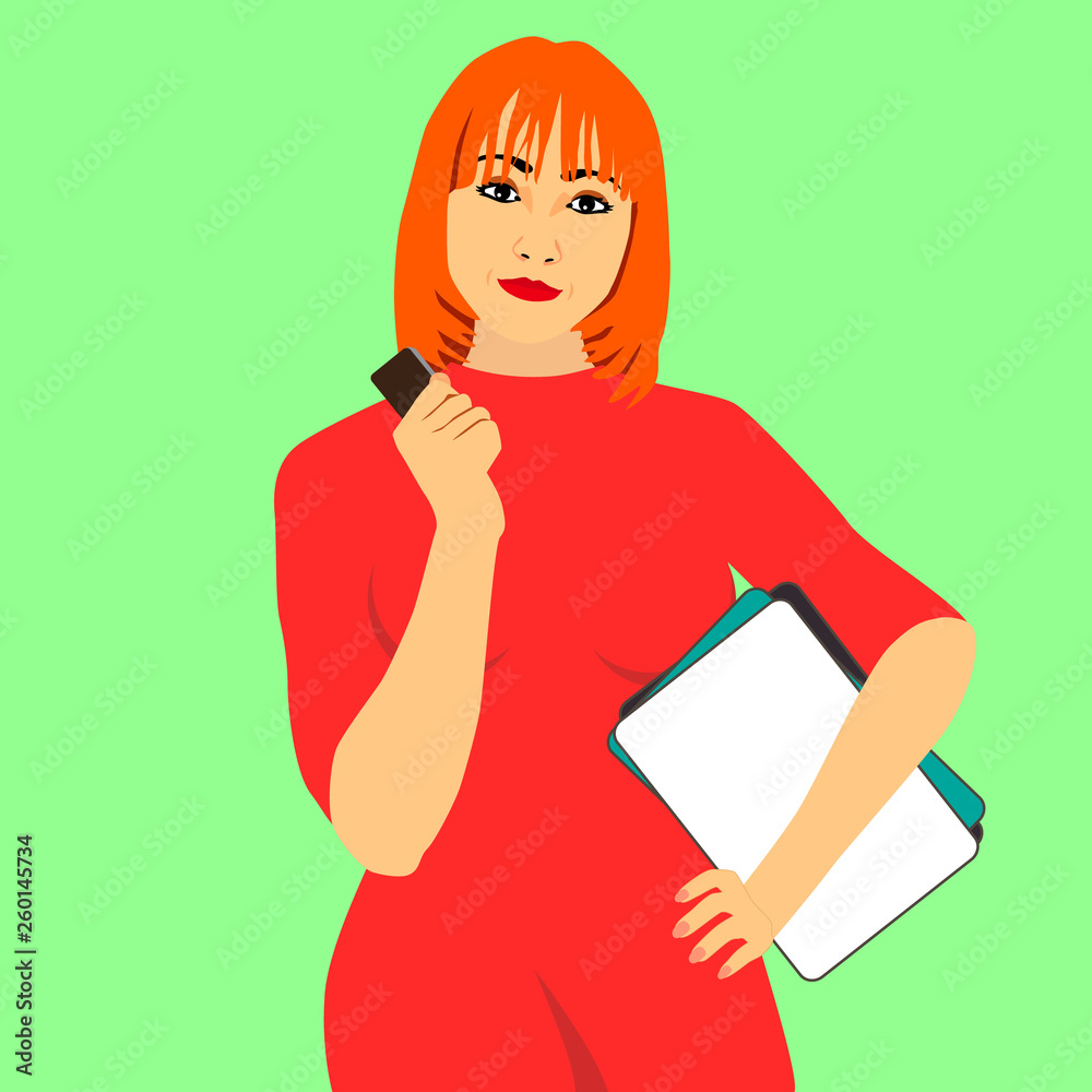 Redheaded business vector woman in red dress. Calm smiling sexy young girl holds in her hand a mobile phone and a folder Redheaded business vector woman in red dress. Calm smiling sexy young girl holds in her hand a mobile phone and a folder