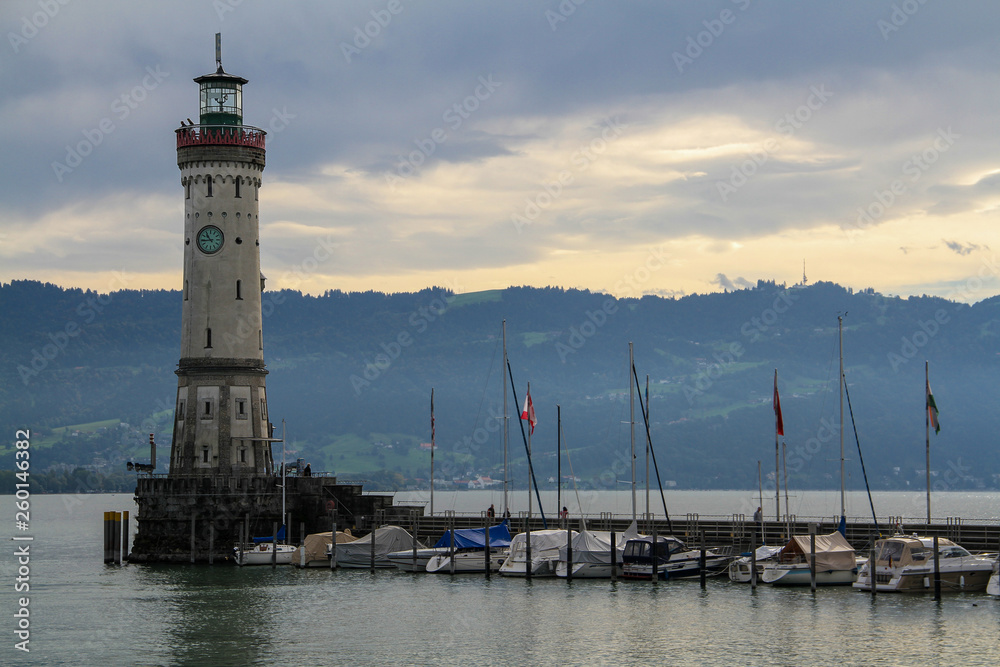 Scenic old lighthouse in Lindau, Lake Constance, Germany