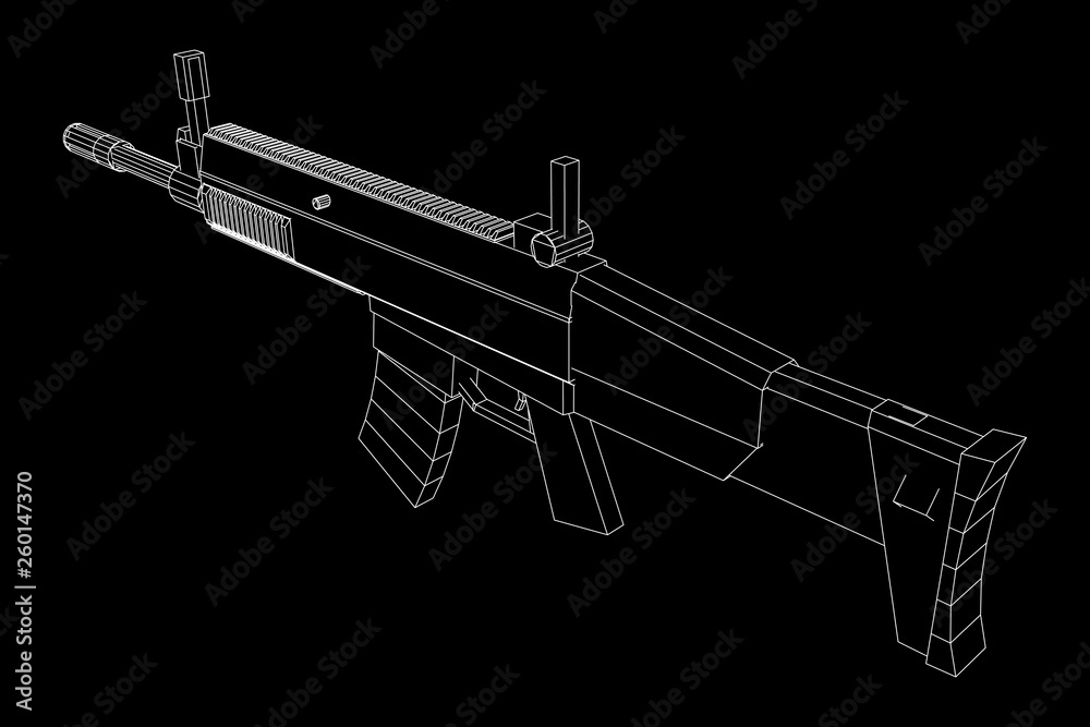 Assault rifle, automatic fire rifle model wireframe low poly mesh vector illustration Assault rifle, automatic fire rifle model wireframe low poly mesh vector illustration
