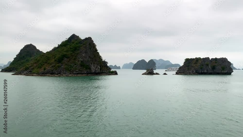 Marine landscape with colorful islands and cruise ships