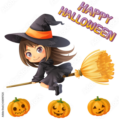 Character cartoon of little witch with pumpkin and font