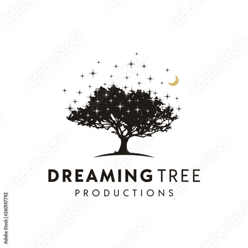 Oak Maple Beech Tree at night silhouette with stars and crescent moon logo design