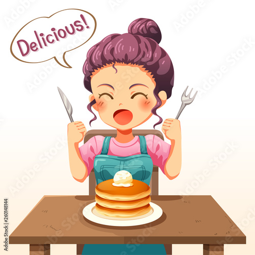 Vector illustration of a little kid girl eating pancakes