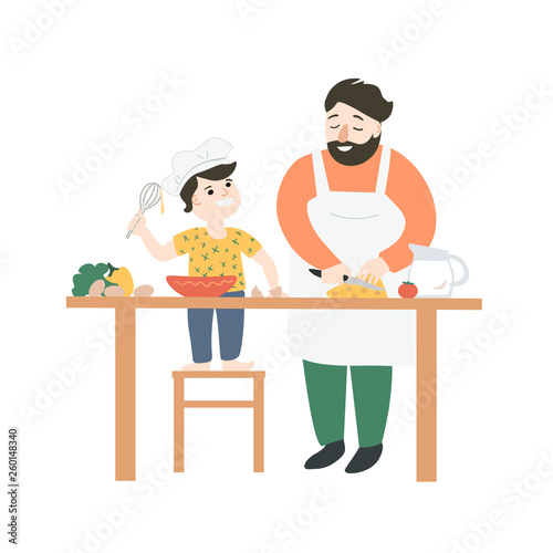 Father and son cook at the table. Man chef teaches to cook a boy. The family prepares Breakfast together. Vector illustration.