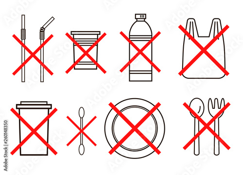 Set of vector objects made of plastic such as disposable plastic plate, cup, cocktail tubes, fork, package, spoon, cotton swab, crossed out with a red cross. 