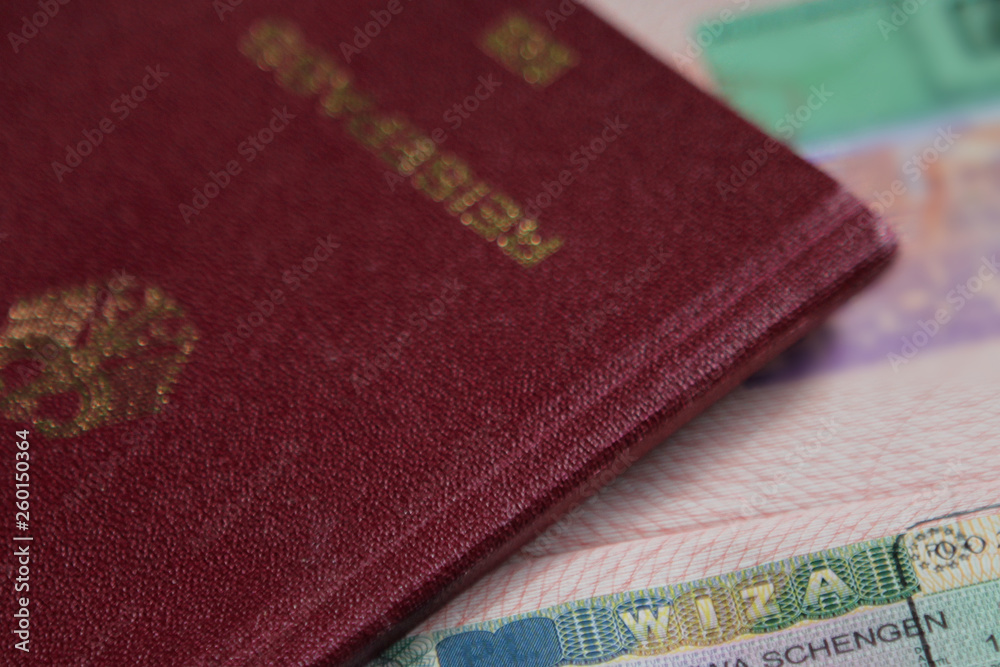 Visa stamp in passport, passport in the background. Travel concept. Close up. Visa stamp in passport, passport in the background. Travel concept. Close up.
