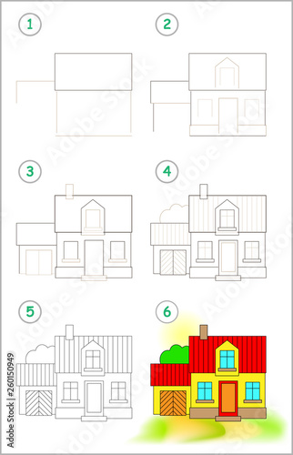 Page shows how to learn step by step to draw cute country house. Developing children skills for drawing and coloring. Back to school. Printable worksheet. Vector cartoon image.