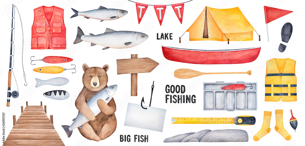 Big Fishing Collection of various fishing tools, brown bear character,  yellow tent, wooden signboard, fishhook with paper note, red boat.  Handdrawn watercolour drawing, cutout design clipart elements. Stock  Illustration