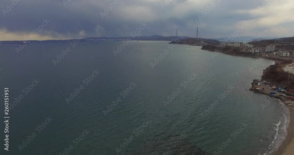 Aerial view of Patroclus Bay on a cloudy day. Vladivostok, Primorsky Krai. Aerial view of Patroclus Bay on a cloudy day. Vladivostok, Primorsky Krai.