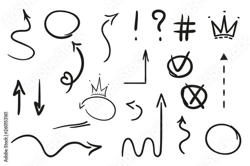 Infographic elements on isolated white background. Hand drawn simple signs. Line art. Set of different shapes. Abstract indicators. Black and white illustration. Doodles for artwork